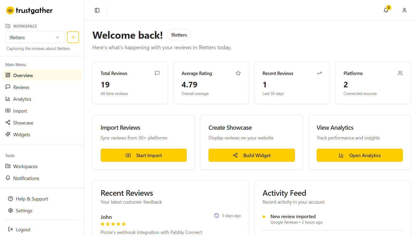 TrustGather Dashboard showing customer testimonials and reviews